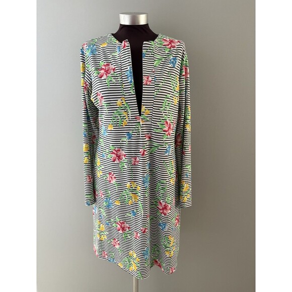 IBKUL Dress Size L Blue White Stripe Floral Mesh Sleeve Golf Fish Beach UPF - Picture 1 of 16